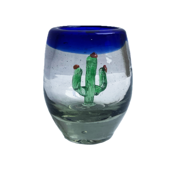 Tequilero Cactus De Vidrio Soplado Filo Azul Cobalto